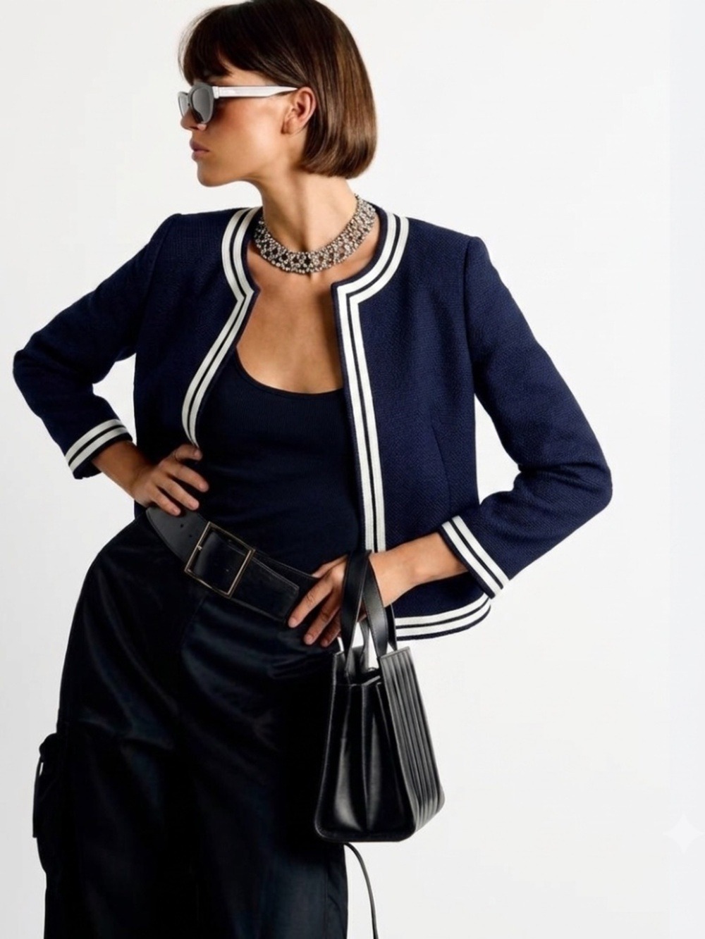 Talbots Blue Open Front Blazer with Art Deco White Trim Size 6P